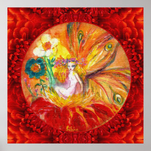 Poster FÉE DES FLEURS, Fantaisie Rouge Jaune