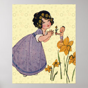 Poster Fée Elfe Fille Jonquille Antique Pâques