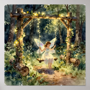 Poster Fée enchantée sur une balançoire dans une forêt ma