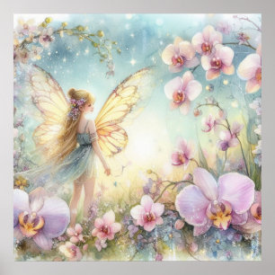 Poster Fée et fleurs aux couleurs pastel aquarelle