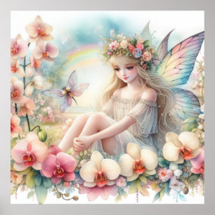 Poster Fée et fleurs aux couleurs pastel aquarelle 