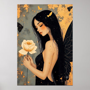 Poster Fée gothique avec des ailes blanches et une rose