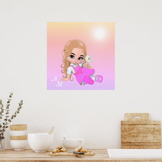 Poster Fée mignonne et monogramme sur les tons roses (Cuisine)