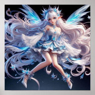 Poster Fée Reine de Glace Éthérée avec Cheveux Blancs Flo
