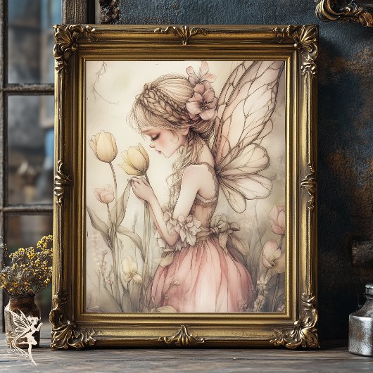 Poster Fée romantique Whimsical dans le champ de fleurs A