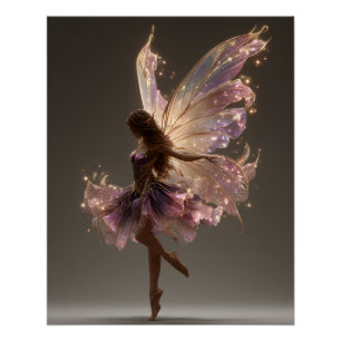 Poster Fée rose et or en vol sous les étoiles