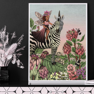 Poster Fée rose mignonne sur Zebra Unicorn Floral Art