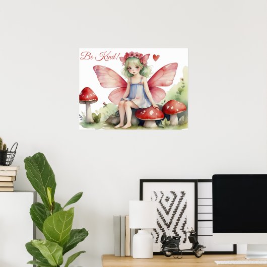 Poster Fée rose rouge avec champignons Soyez gentil Citat (Bureau à domicile)