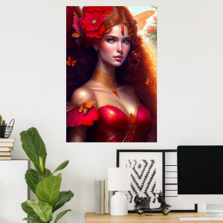 Poster Fée rouge de fantaisie Fleurs rouges