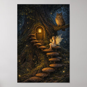 Poster Fée sur un escalier de champignons-Maison enchanté