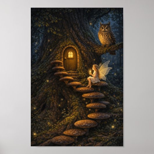 Poster Fée sur un escalier de champignons-Maison enchanté (Devant)