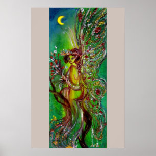 POSTER FÉE VERTE AVEC ÉTINCELLES D'OR AU CLAIR DE LUNE