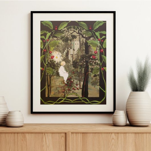 Poster Fée vintage dans la forêt de fées avec château