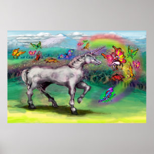 Poster Féeries de papillons Unicorne arc-en-ciel