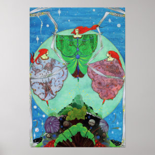 Poster Fées Art Nouveau vintages Dansant Au Lune