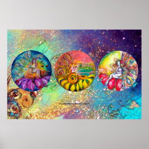 POSTER FÉES DE FLEURS MAGIQUES EN BLEU VERT ÉTOILES D'OR