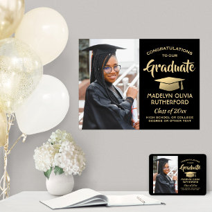 Poster Félicitations Photo Elegant Black and Gold Graduat