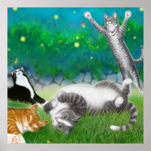 Poster Feline Fun with Fireflies