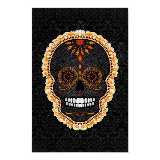 Poster Feliz Muertos - Crâne de sucre noir et orange Dama (Devant)