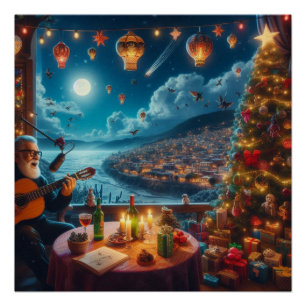 Poster Feliz Navidad Joueur guitare festive Ville côtière