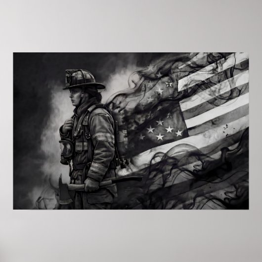 Poster Female Firefighter Smoke American Flag Tribute (Devant)