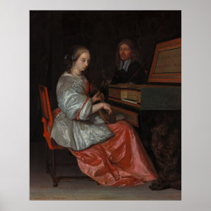Poster Femme à Virginal avec Cittern — Vieux Maître