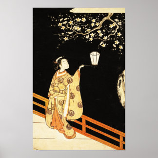 Poster Femme admirant les fleurs de prunier la nuit