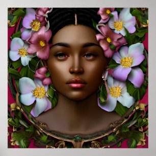 Poster Femme afro-américaine sereine avec fleurs