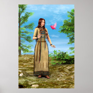 Poster Femme amérindienne Art de l'oiseau de la forêt