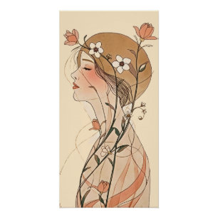 Poster Femme Art Nouveau avec fleurs printanières