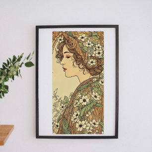 Poster Femme Art Nouveau avec fleurs printanières