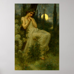 Poster Femme Art Nouveau dans un jardin sous une lune de