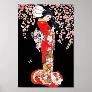 Poster Femme asiatique avec la nuit de fleurs de cerisier