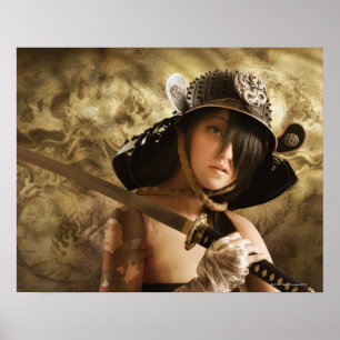 Poster Femme asiatique habillée comme samouraïs