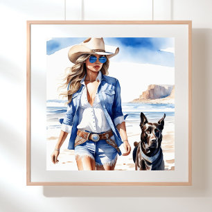 Poster Femme au bord de la mer à Denim avec chien sur la