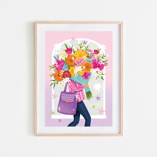 Poster Femme au bouquet floral Illustration colorée