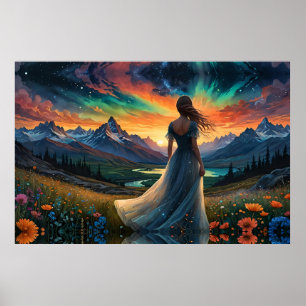 Poster Femme au champ floral Sunrise au-dessus du lac Mou