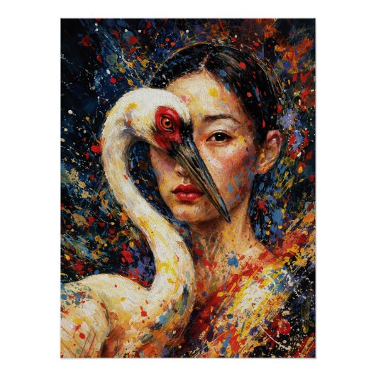 Poster Femme au héron éclaboussure colorée (Devant)