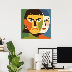 Poster Femme audacieuse et en colère au visage divisé