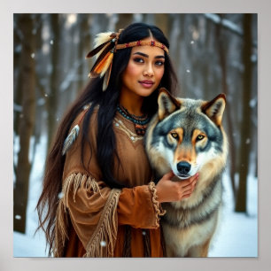 Poster Femme autochtone avec son loup