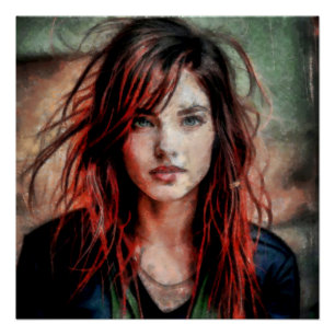 Poster Femme aux cheveux rouges dans le vent