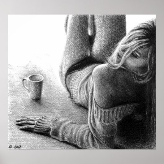 Poster Femme avec café matin Crayon dessin art (Devant)