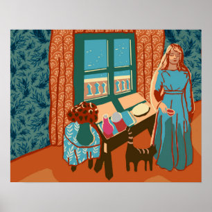 Poster Femme avec chat dans la maison près de la mer sole