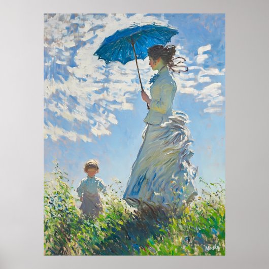 Poster Femme avec parasol et enfant - Art impressionniste (Devant)