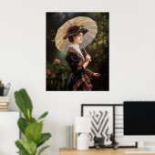 Poster Femme avec parasol marchant dans le jardin (Bureau à domicile)