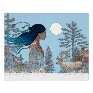 Poster Femme avec rennes dans la neige par cabine