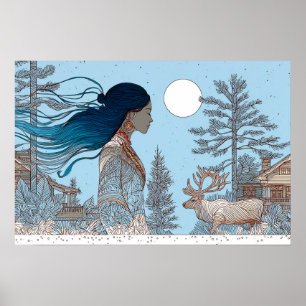 Poster Femme avec rennes dans la neige par cabine