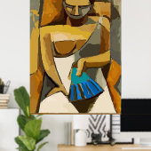 Poster Femme avec ventilateur bleu, ajouter du texte (Bureau à domicile)