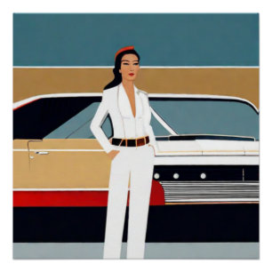 Poster Femme avec voiture rétro