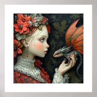 Poster Femme bohème avec un petit dragon dans sa main